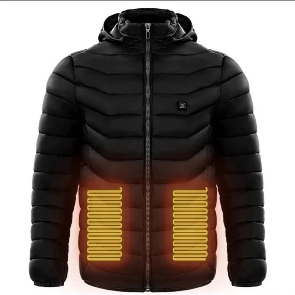 Mens Heated Puffer Jacket Electric Heating Coat Hood 9 Heat Zones LARGE Black